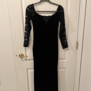 Women's Shoulder-less Black Dress with Embroidered Sleeve and Leg Slit